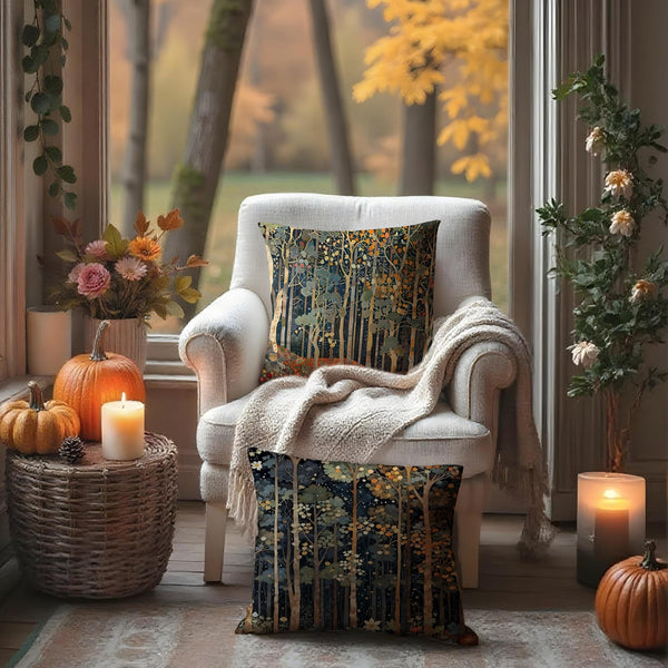 Rustic William Morris Inspired Autumn Forest Decor Throw Pillow Covers 18x18 Set of 2, Vintage Botanical Nature