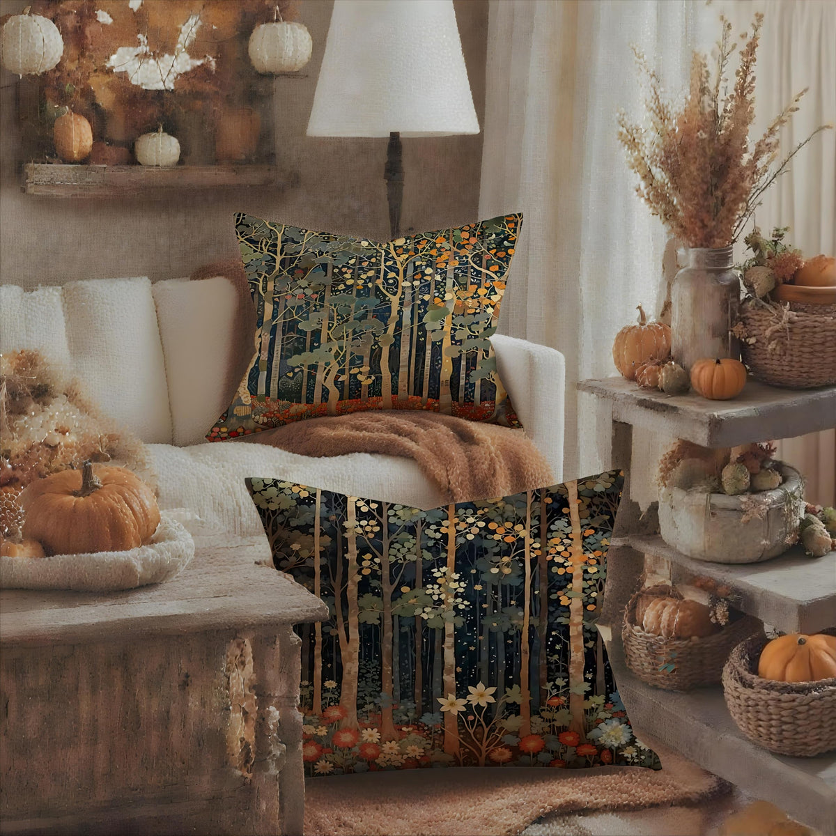 Rustic William Morris Inspired Autumn Forest Decor Throw Pillow Covers 18x18 Set of 2, Vintage Botanical Nature