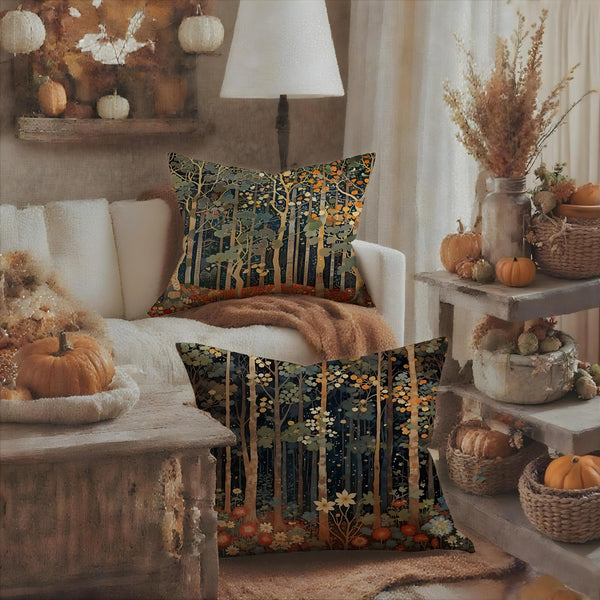 Rustic William Morris Inspired Autumn Forest Decor Throw Pillow Covers 18x18 Set of 2, Vintage Botanical Nature