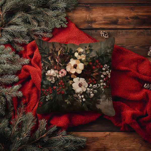 Vintage Moody Floral Christmas Pillow Covers 18x18, Cottagecore Christmas Decor, Dark Academia Holly Botanical Floral