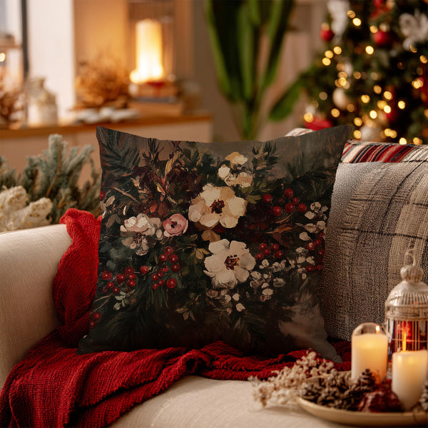 Vintage Moody Floral Christmas Pillow Covers 18x18, Cottagecore Christmas Decor, Dark Academia Holly Botanical Floral