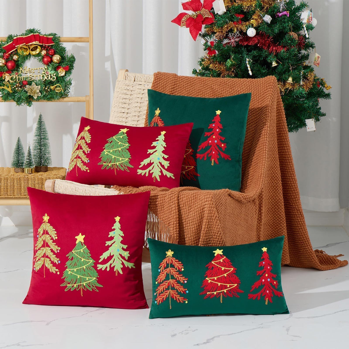 Christmas Pillow Cover 18x18 Set of 2, Red Pillow Covers Xmas Trees Pillowcases