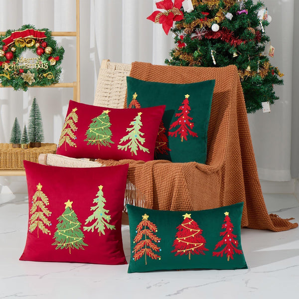 Christmas Pillow Cover 18x18 Set of 2, Red Pillow Covers Xmas Trees Pillowcases