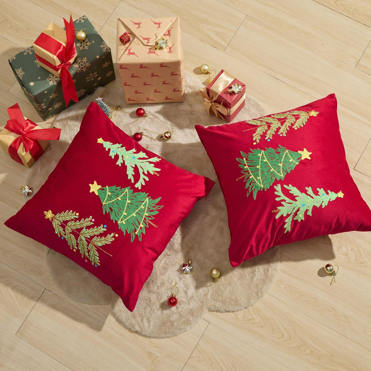 Christmas Pillow Cover 18x18 Set of 2, Red Pillow Covers Xmas Trees Pillowcases