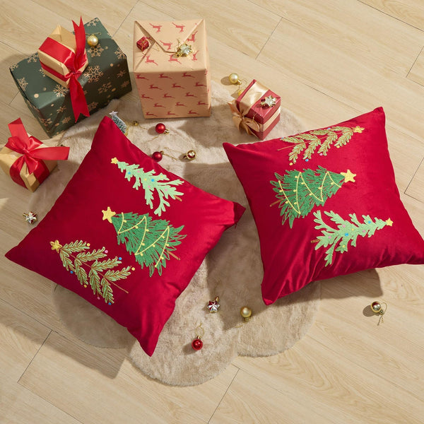 Christmas Pillow Cover 18x18 Set of 2, Red Pillow Covers Xmas Trees Pillowcases
