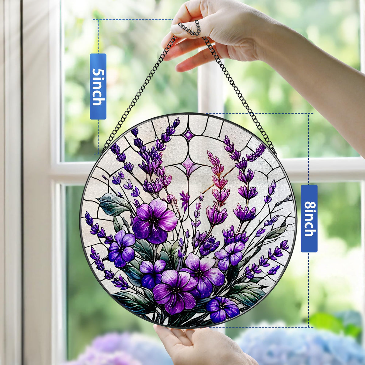 Violets Flower Stained Glass Suncatcher, Stained Glass Window Hanging, 8 Inch Window Hanging Decor