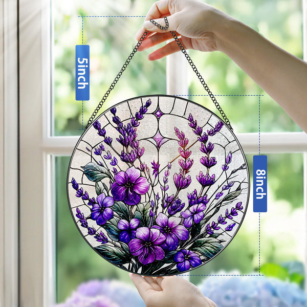 Violets Flower Stained Glass Suncatcher, Stained Glass Window Hanging, 8 Inch Window Hanging Decor
