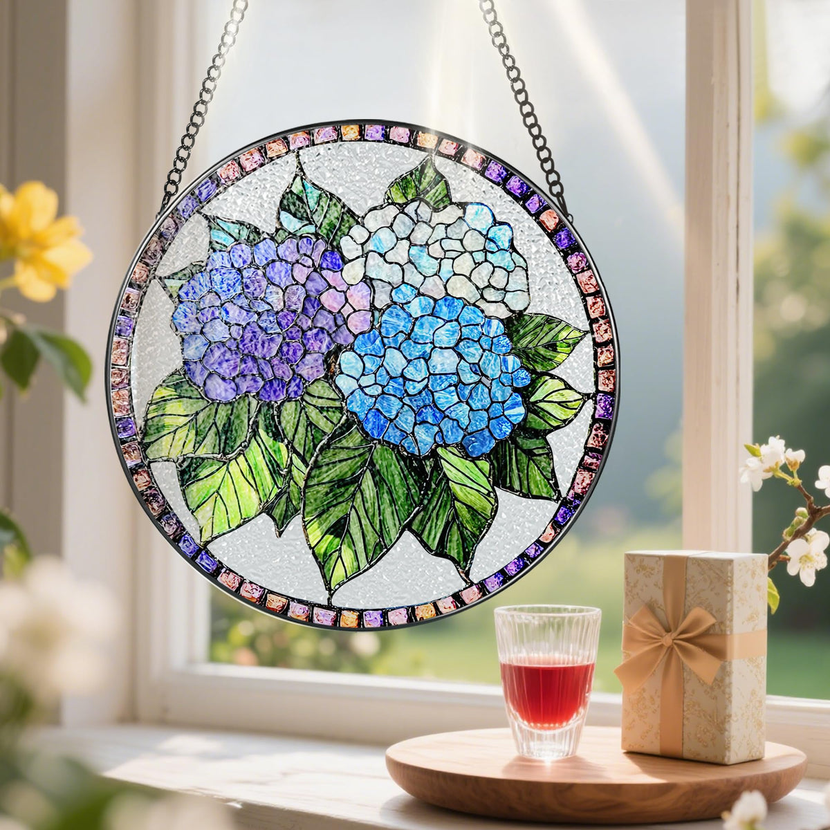 8-Inch Stained Glass Ornament, Stained Glass Window Hanging, Blue Hydrangea