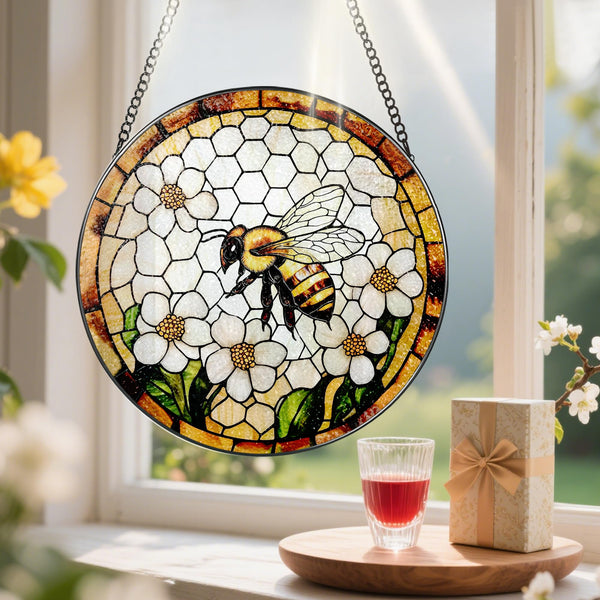 Bee Wildflowers Stained Glass Suncatcher, Stained Glass Window Hanging, 8 Inch Honey Bee Suncatcher