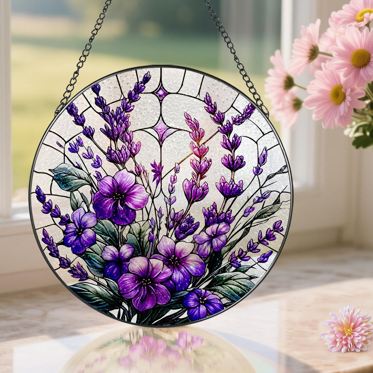 Violets Flower Stained Glass Suncatcher, Stained Glass Window Hanging, 8 Inch Window Hanging Decor