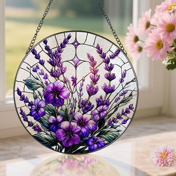 Violets Flower Stained Glass Suncatcher, Stained Glass Window Hanging, 8 Inch Window Hanging Decor