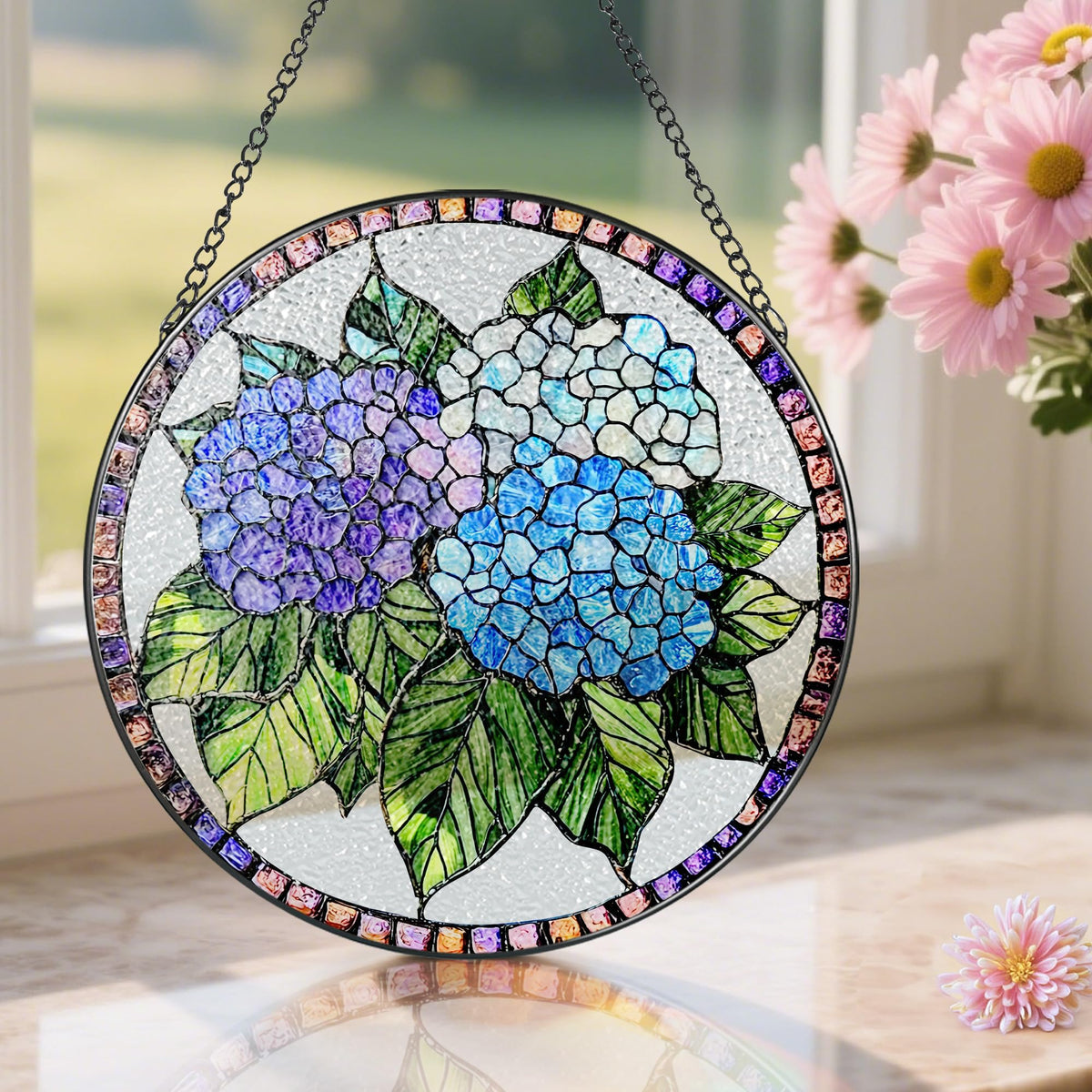 8-Inch Stained Glass Ornament, Stained Glass Window Hanging, Blue Hydrangea