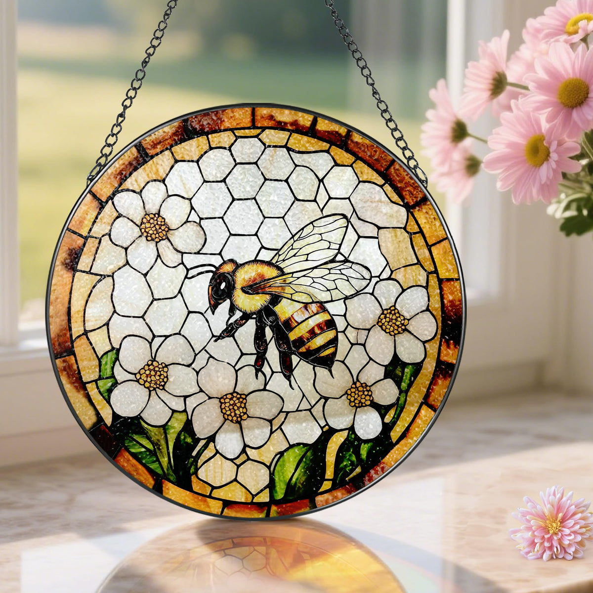 Bee Wildflowers Stained Glass Suncatcher, Stained Glass Window Hanging, 8 Inch Honey Bee Suncatcher