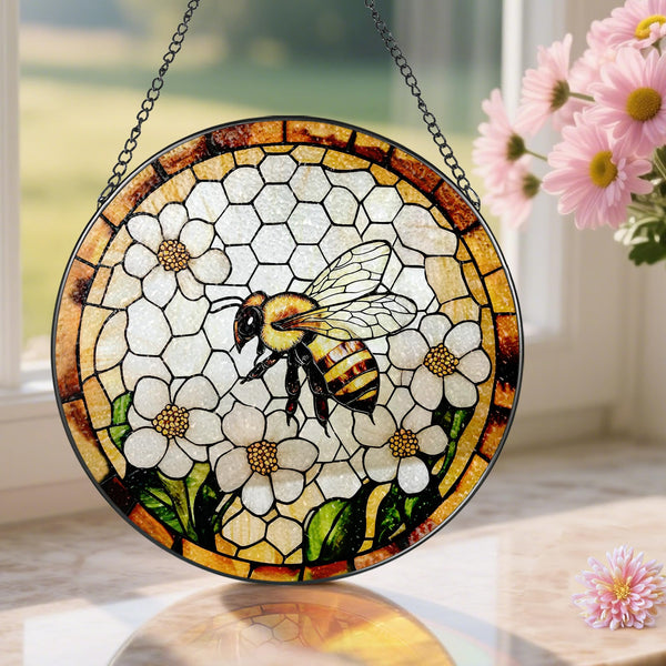Bee Wildflowers Stained Glass Suncatcher, Stained Glass Window Hanging, 8 Inch Honey Bee Suncatcher