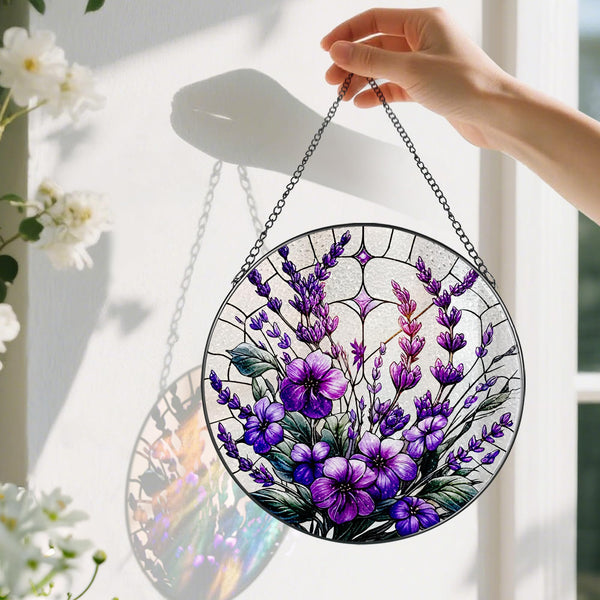 Violets Flower Stained Glass Suncatcher, Stained Glass Window Hanging, 8 Inch Window Hanging Decor