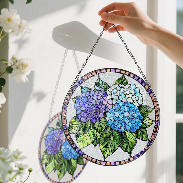 8-Inch Stained Glass Ornament, Stained Glass Window Hanging, Blue Hydrangea