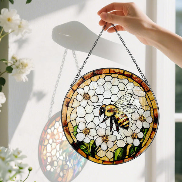 Bee Wildflowers Stained Glass Suncatcher, Stained Glass Window Hanging, 8 Inch Honey Bee Suncatcher