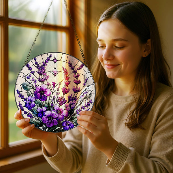 Violets Flower Stained Glass Suncatcher, Stained Glass Window Hanging, 8 Inch Window Hanging Decor