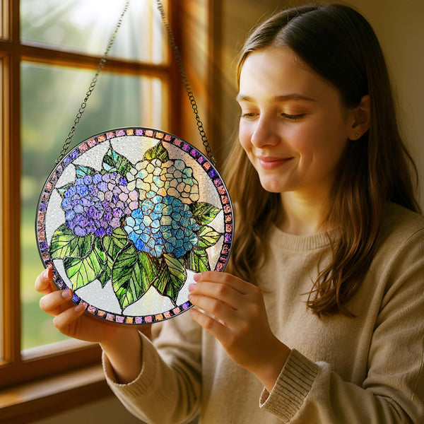 8-Inch Stained Glass Ornament, Stained Glass Window Hanging, Blue Hydrangea
