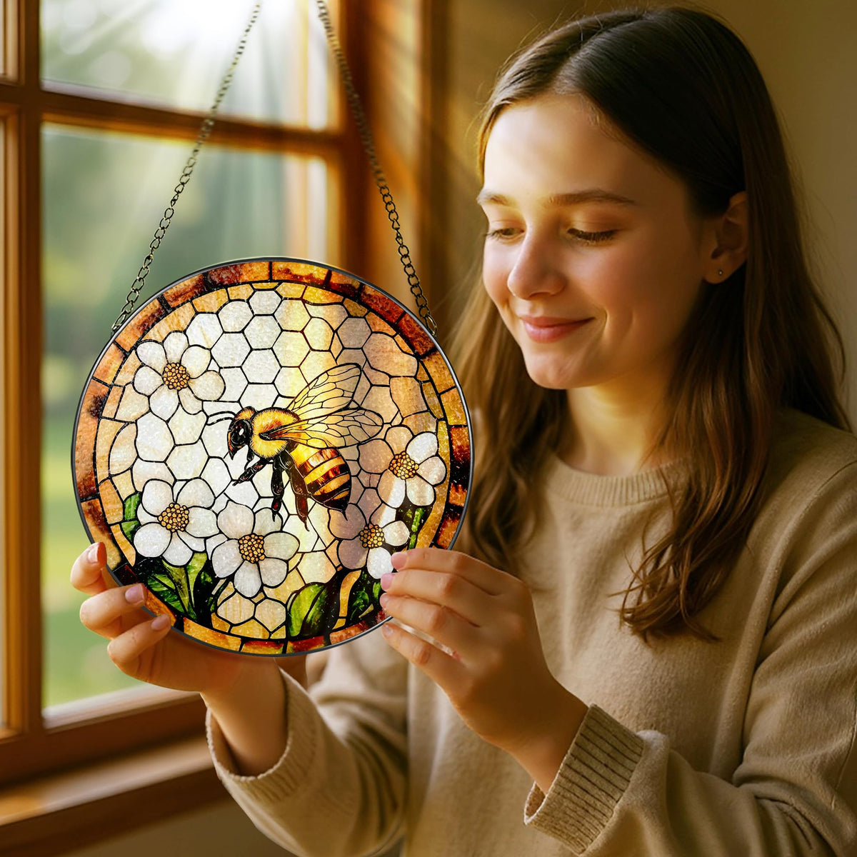 Bee Wildflowers Stained Glass Suncatcher, Stained Glass Window Hanging, 8 Inch Honey Bee Suncatcher