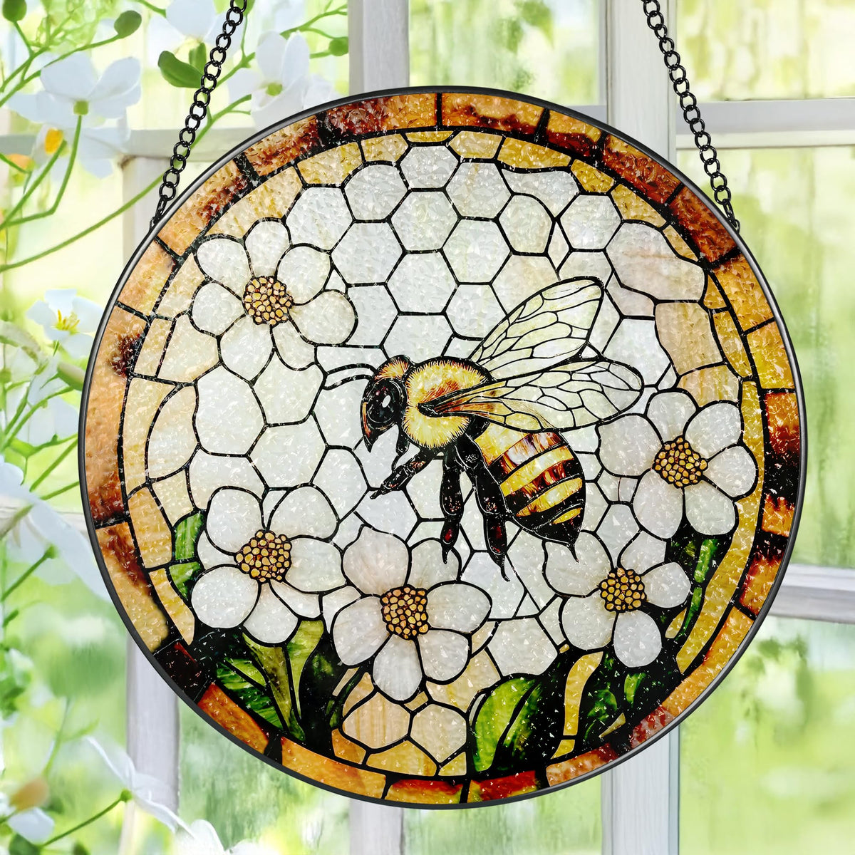 Bee Wildflowers Stained Glass Suncatcher, Stained Glass Window Hanging, 8 Inch Honey Bee Suncatcher