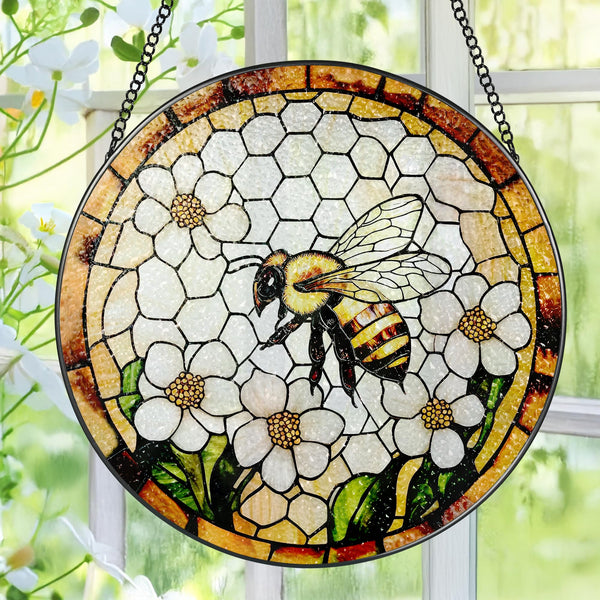 Bee Wildflowers Stained Glass Suncatcher, Stained Glass Window Hanging, 8 Inch Honey Bee Suncatcher