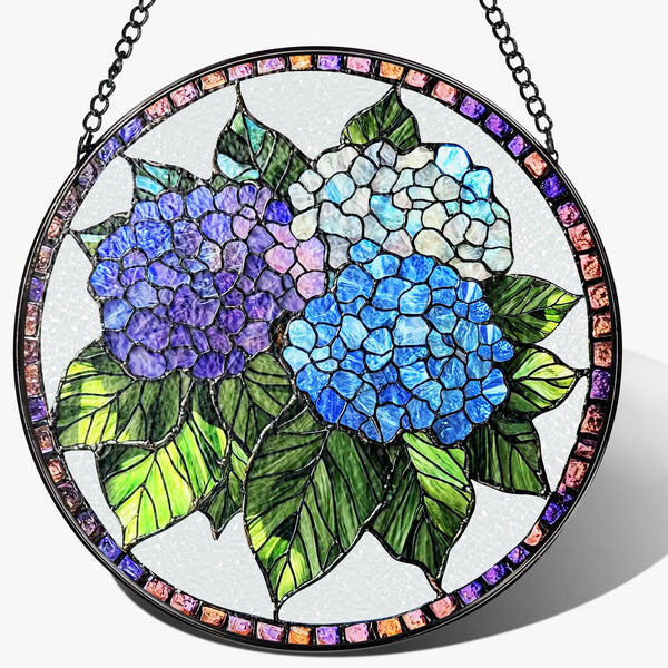 8-Inch Stained Glass Ornament, Stained Glass Window Hanging, Blue Hydrangea