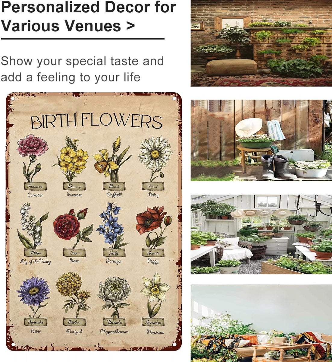 Garden Gifts Vintage Gardening Signs Mom Grandma Birth Month Flower Tin Sign for Home Garden