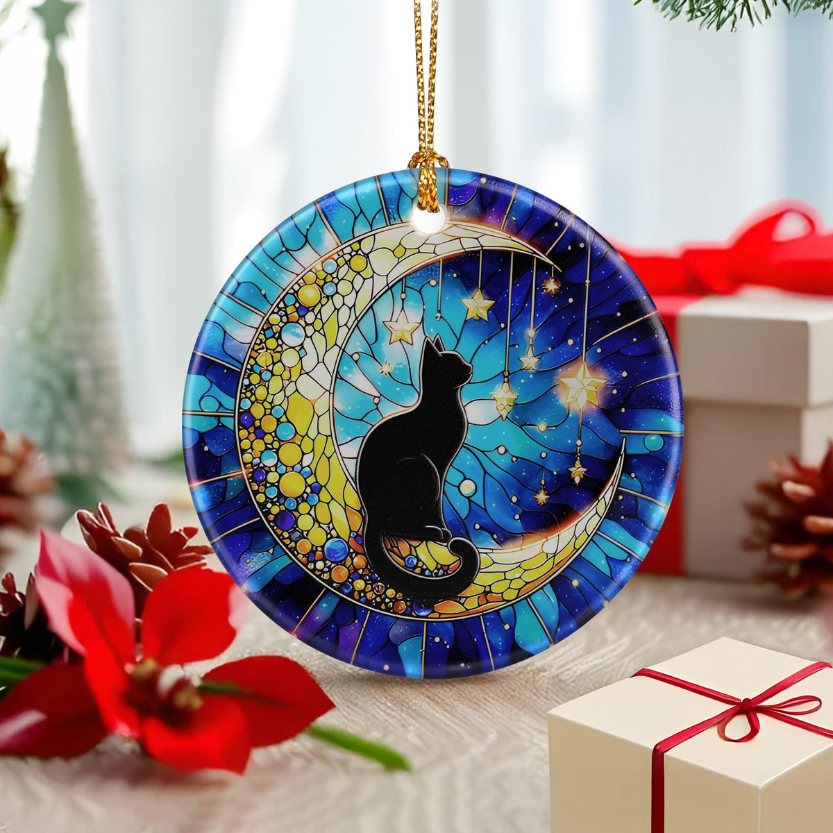 Black Cat Ornament – Christmas Decoration &amp; Christmas Ornament; Round Ceramic