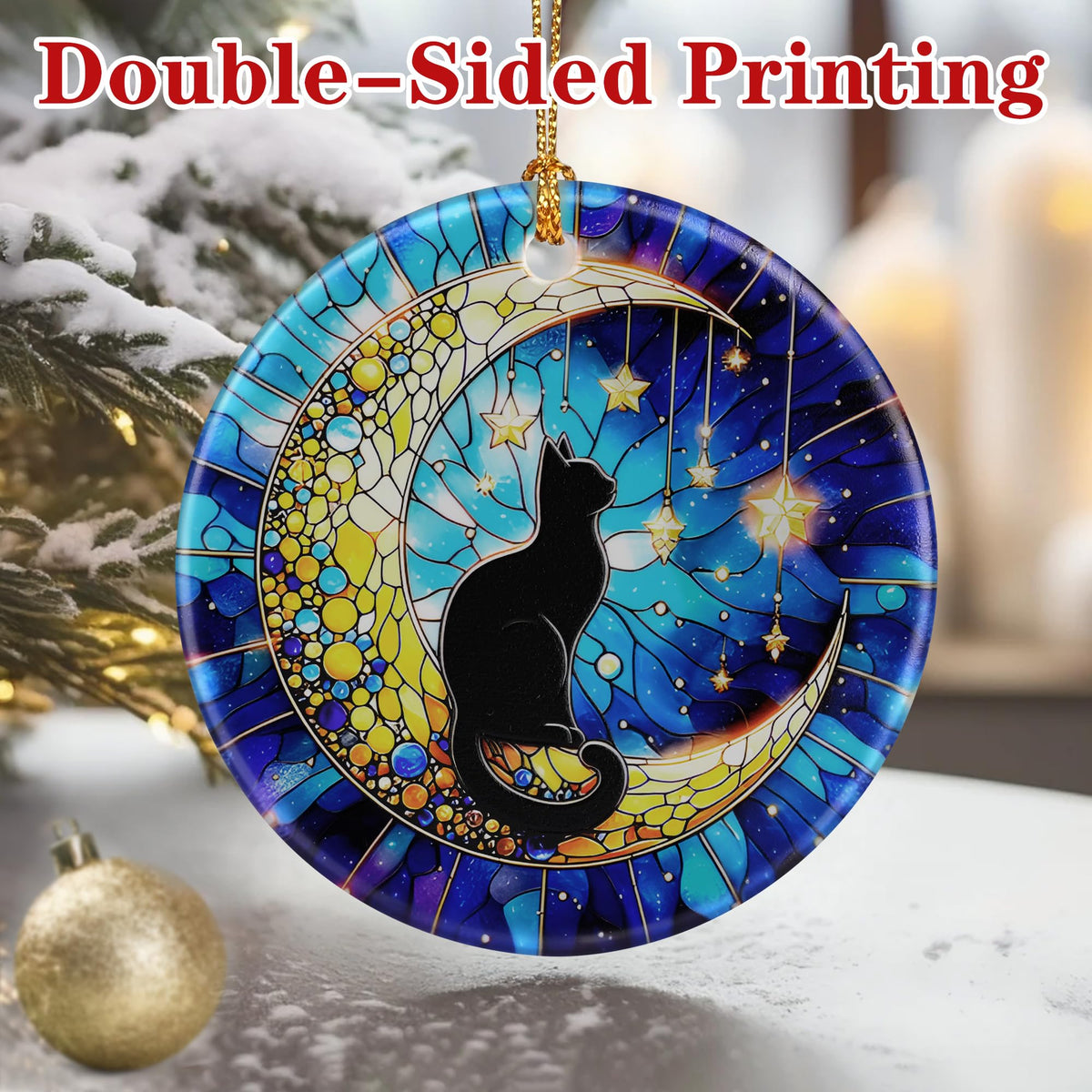 Black Cat Ornament – Christmas Decoration &amp; Christmas Ornament; Round Ceramic