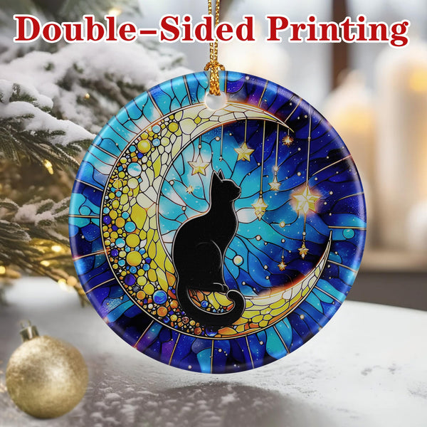 Black Cat Ornament – Christmas Decoration &amp; Christmas Ornament; Round Ceramic