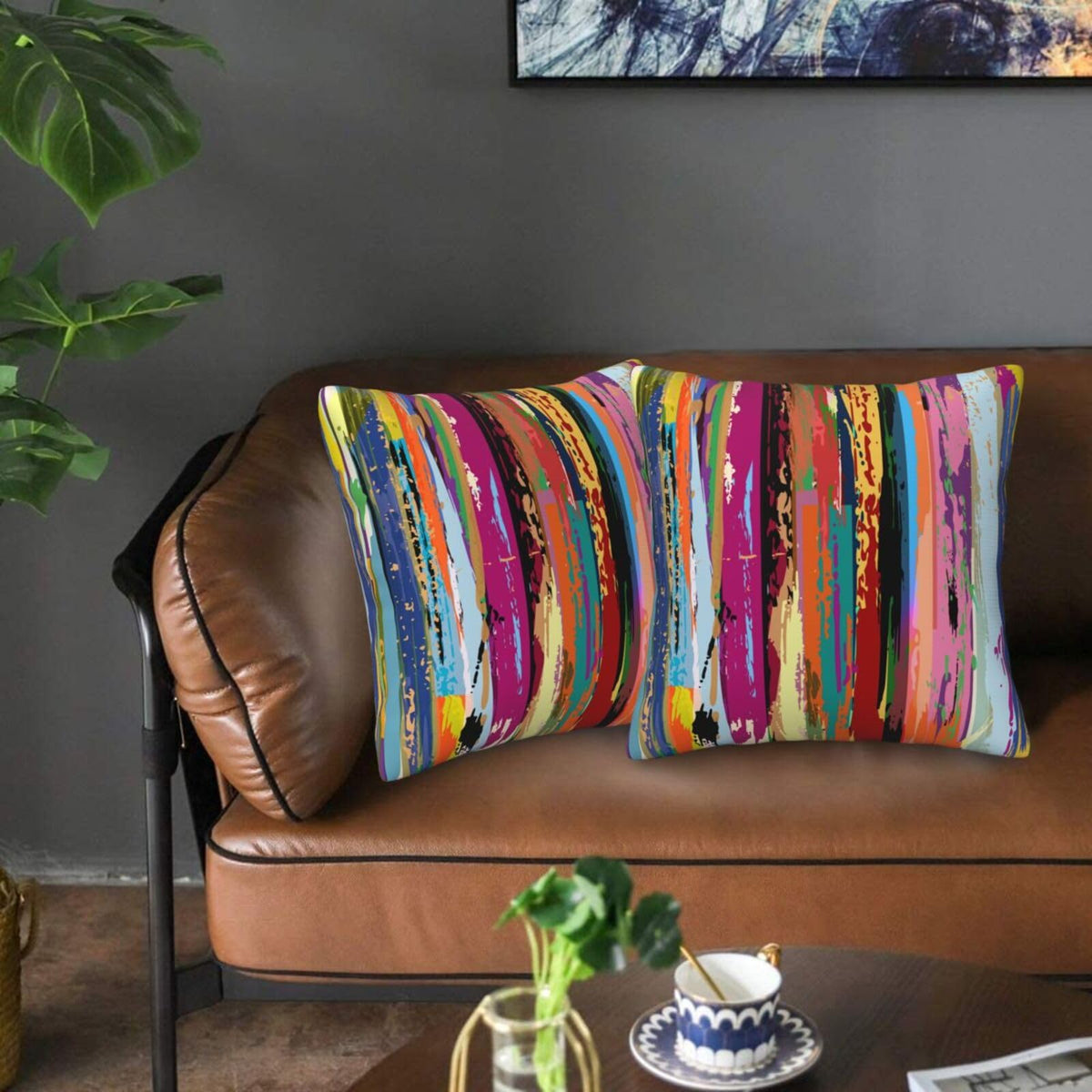 Multicolored Rainbow Abstract Throw Pillow Covers 18x18 in Set of 2, Decor Art Vibrant Pillow Case