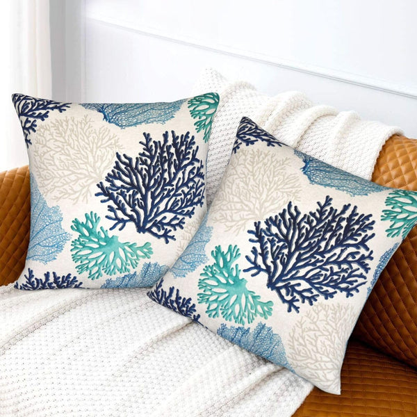 Coastal Beach Coral Throw Pillow Covers 18x18 in Set of 2, Decor Decorative Blue Ocean