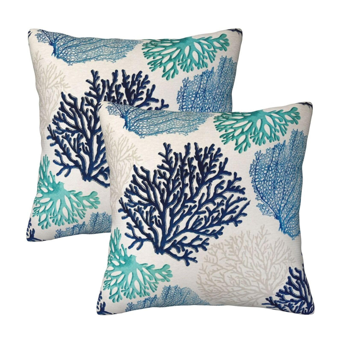 Coastal Beach Coral Throw Pillow Covers 18x18 in Set of 2, Decor Decorative Blue Ocean