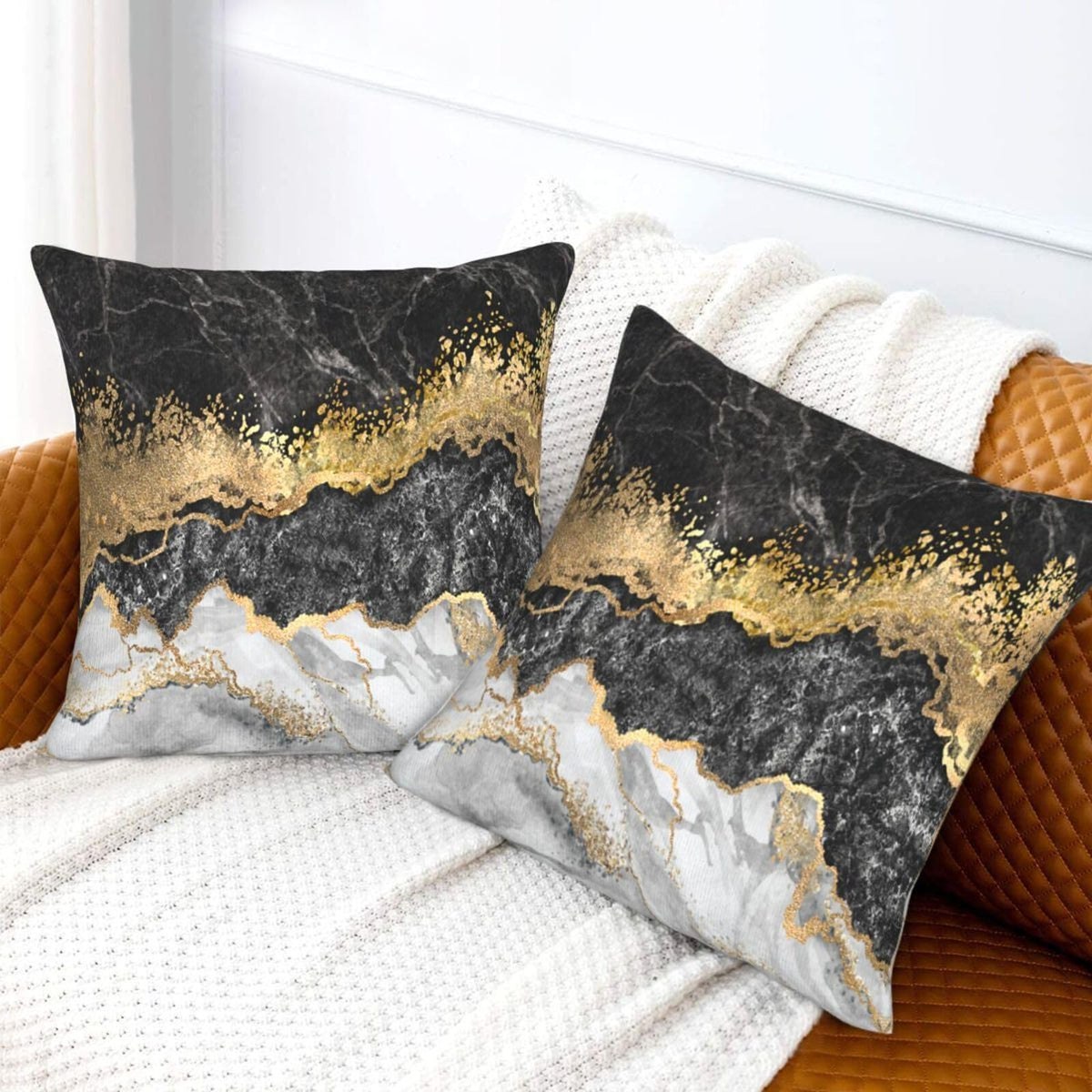 Black and Gold Abstract Marble Throw Pillow Covers 18x18 in Set of 2, Decorative Gold Grey Pillow Case