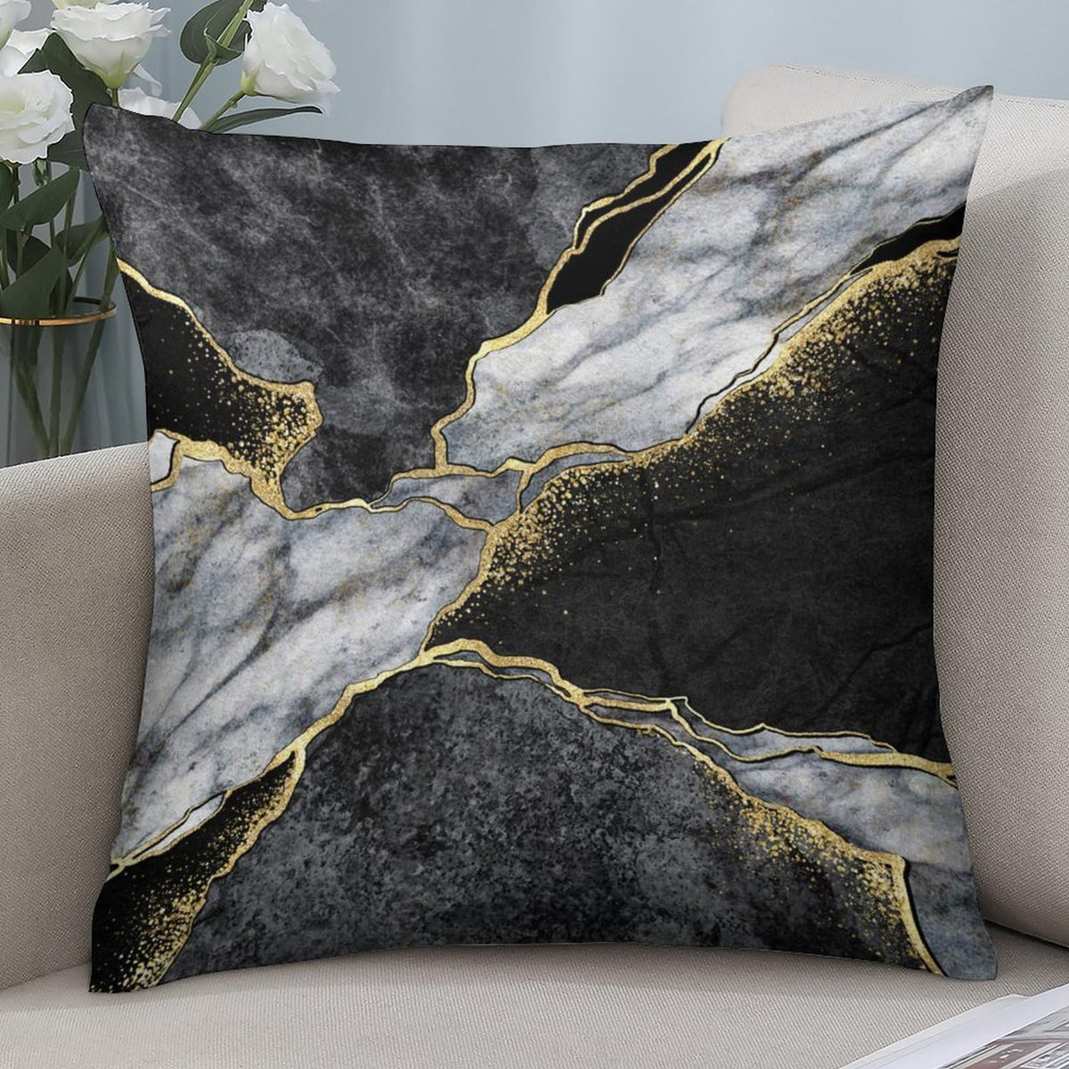Marble Black and Gold Throw Pillow Covers 18x18 in Set of 2, Decor Black Grey