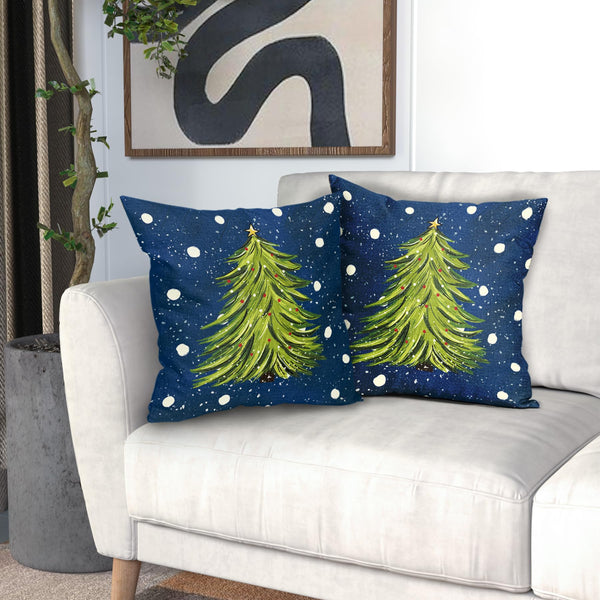 Blue Christmas Pillow Covers 18X18 Inch Set of 2 Watercolor Green Xmas Tree