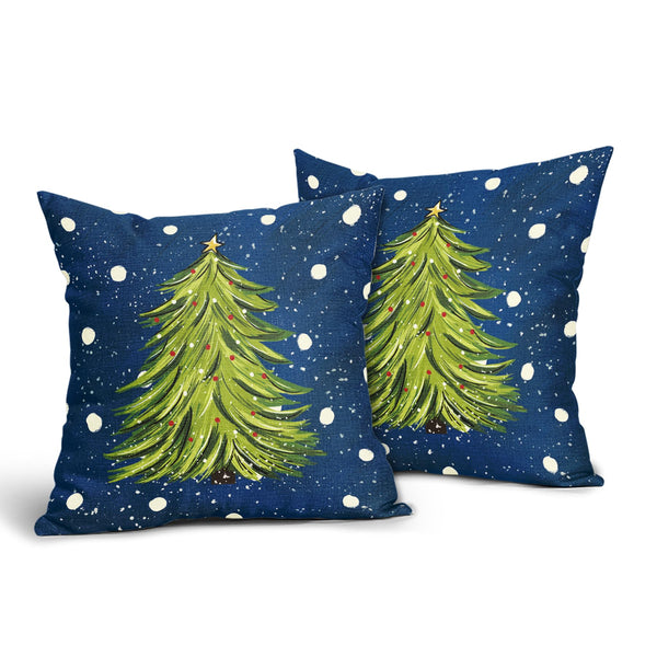 Blue Christmas Pillow Covers 18X18 Inch Set of 2 Watercolor Green Xmas Tree