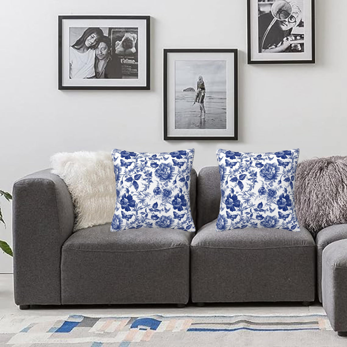 Blue and White Porcelain Floral Butterfly Pillow Covers 18x18 in Vintage Chinoiserie