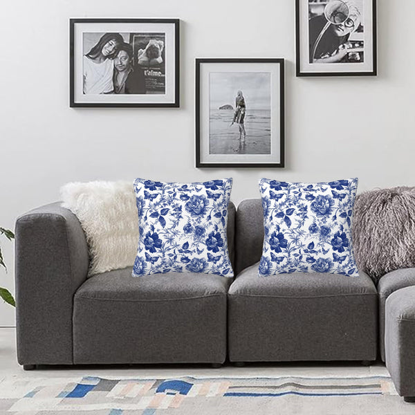 Blue and White Porcelain Floral Butterfly Pillow Covers 18x18 in Vintage Chinoiserie