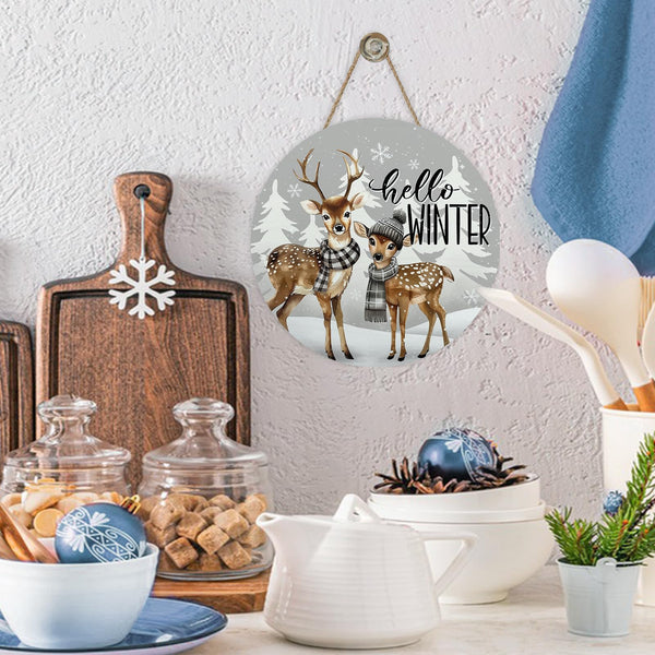 Hello Winter Reindeer Grey Front Door Sign, Snowy Pine Tree Snowflake Wood Hanger Outdoor Outside Porch Home Decor