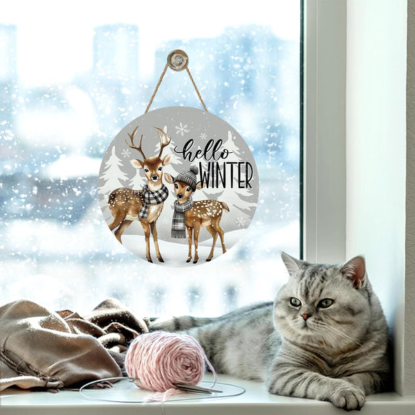 Hello Winter Reindeer Grey Front Door Sign, Snowy Pine Tree Snowflake Wood Hanger Outdoor Outside Porch Home Decor