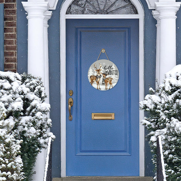 Hello Winter Reindeer Grey Front Door Sign, Snowy Pine Tree Snowflake Wood Hanger Outdoor Outside Porch Home Decor