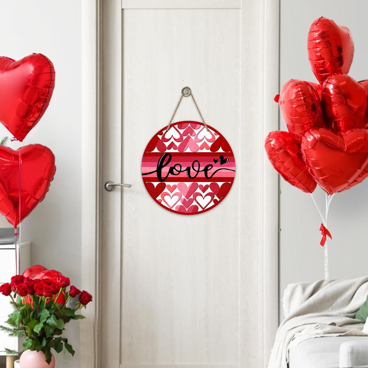Valentine's Day Love Front Door Sign, Pink Red Hearts Wood Door Hanger Outdoor Outside Porch Decor