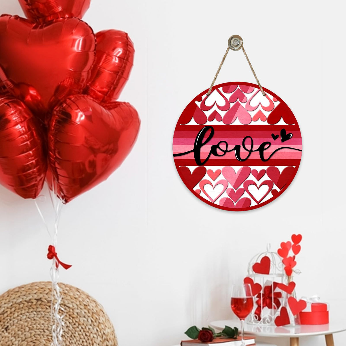 Valentine's Day Love Front Door Sign, Pink Red Hearts Wood Door Hanger Outdoor Outside Porch Decor