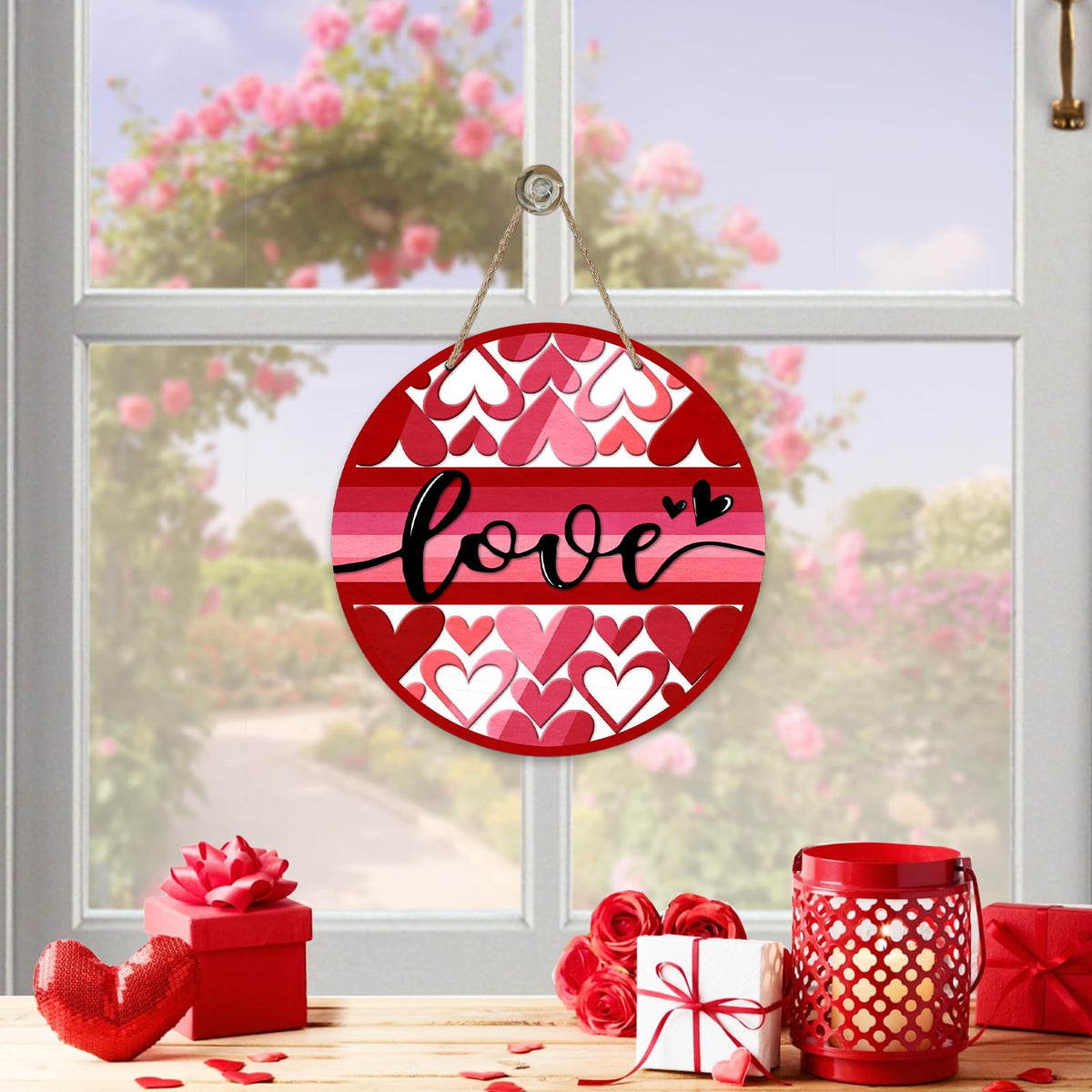 Valentine's Day Love Front Door Sign, Pink Red Hearts Wood Door Hanger Outdoor Outside Porch Decor