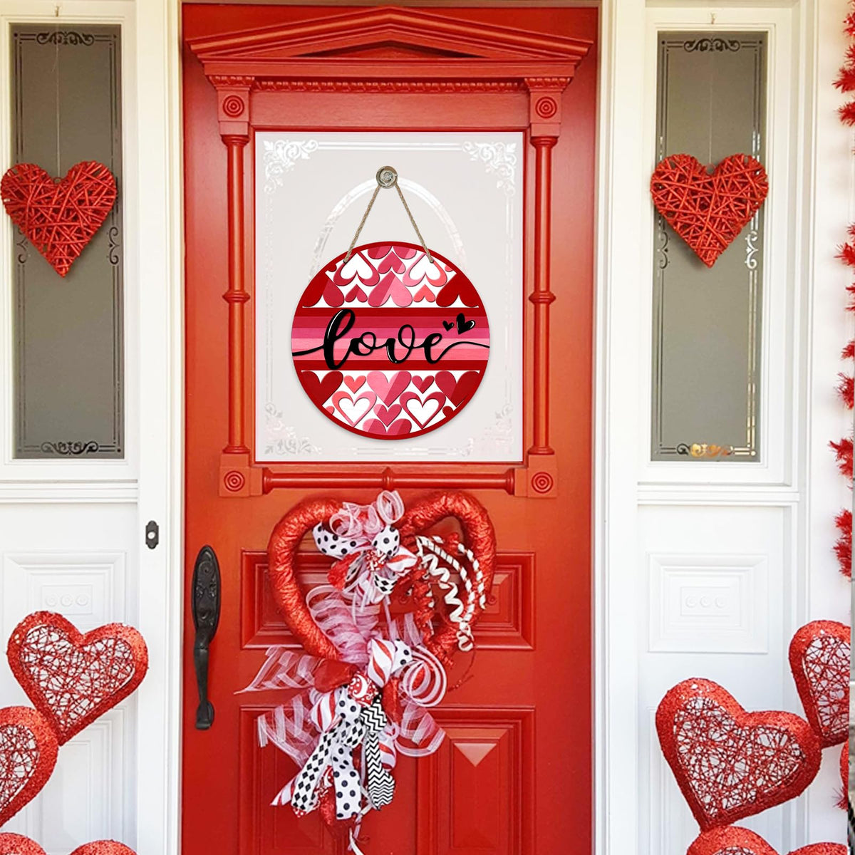 Valentine's Day Love Front Door Sign, Pink Red Hearts Wood Door Hanger Outdoor Outside Porch Decor