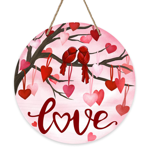 Valentine's Day Love Pink Front Door Sign, Red Heart Tree Birds Wood Door Hanger, Anniversary Wedding Wooden Wreath Hanging Decoration