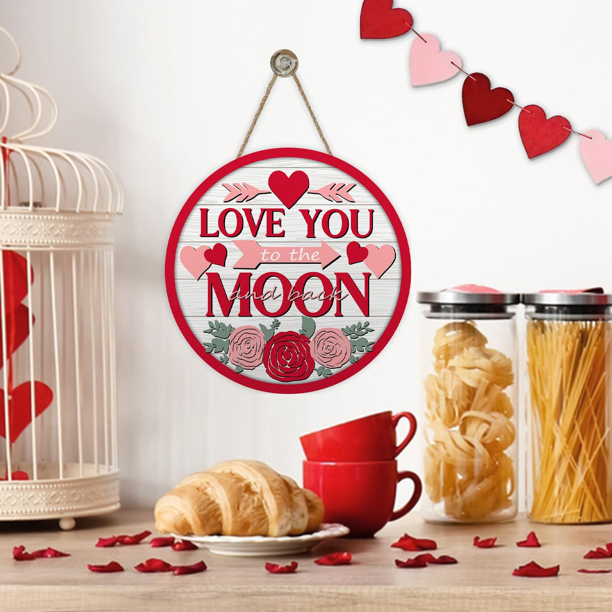 Valentines Day Front Door Sign, Love You to The Moon and Back Rose Hearts Wood Hanger Outdoor Porch Home Decor