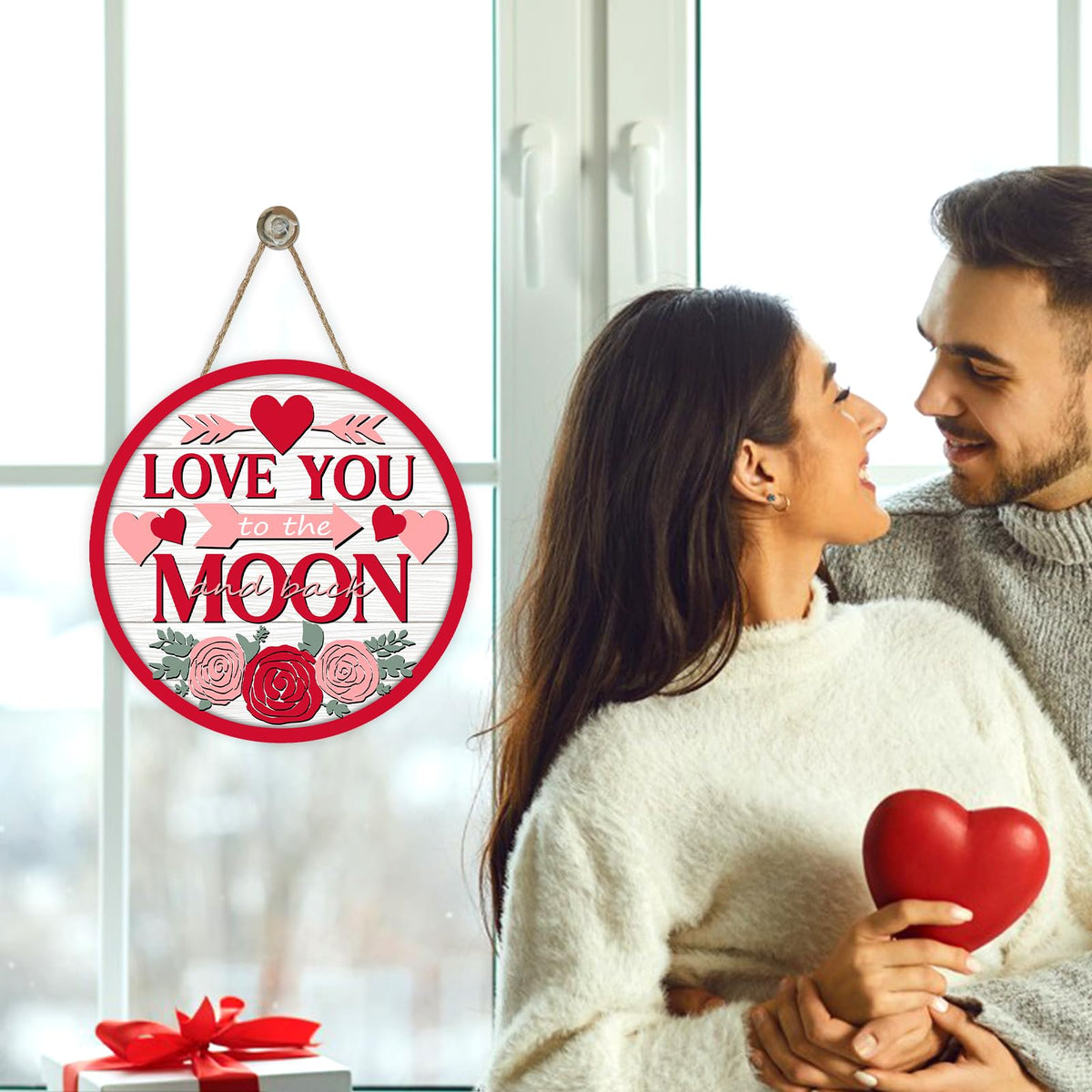 Valentines Day Front Door Sign, Love You to The Moon and Back Rose Hearts Wood Hanger Outdoor Porch Home Decor